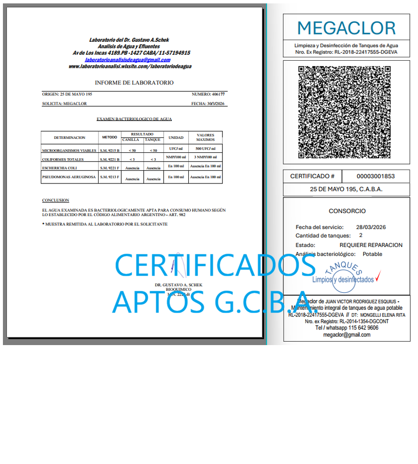 Certificado de análisis de agua emitido por Megaclor